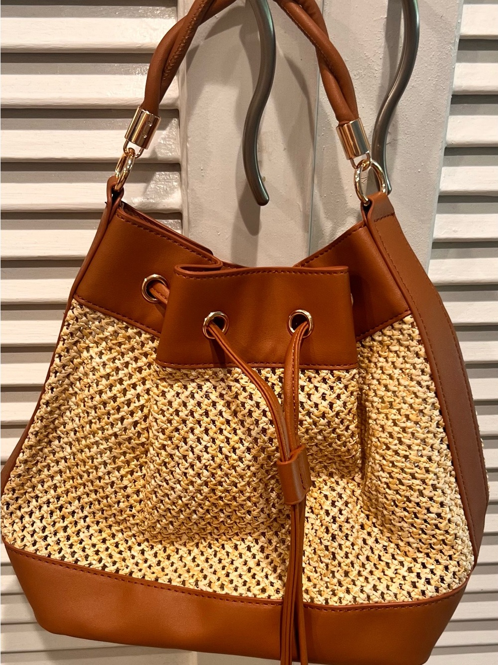 Woven Drawstring Bucket Bag - Tan